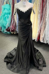 Long black Formal Dress Satin Off the Shoulder with Beaded Neck